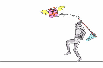 Continuous one line drawing young astronaut try to catching flying gift box with butterfly net. Winged package from other galaxy. Cosmonaut outer space. Single line graphic design vector illustration
