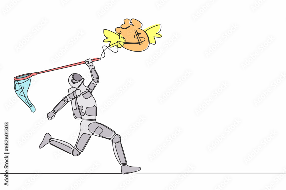 Poster single continuous line drawing of astronaut try to catch flying money bag with butterfly net. achiev