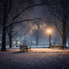 a beautiful park in snow falling, AI Generative.