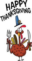 Cartoon happy cute thanksgiving turkey bird holding fork and knife. Vector illustration isolated