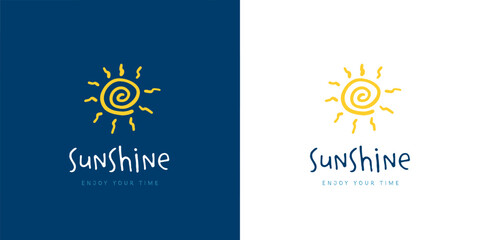 hand drawn style logo vector of doodle sun with yellow abstract spiral shape sunshine icon on blue background