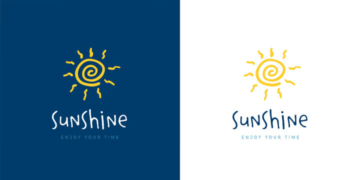 hand drawn style logo vector of doodle sun with yellow abstract spiral shape sunshine icon on blue background