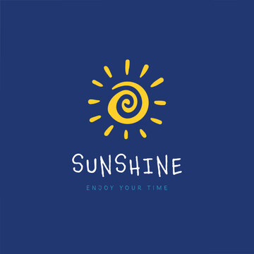 sunshine logo, a doodle hand drawn style logo vector of sun with yellow abstract spiral shape icon on blue background