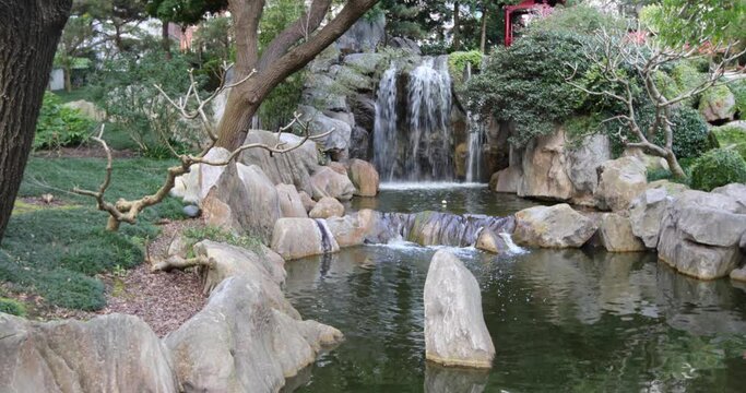 Calm, small waterfall and stream in garden