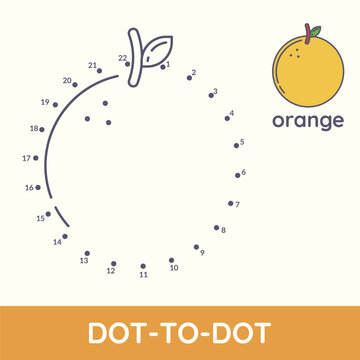 Connect dot to dot fun game cartoon orange exercise. Coloring educational game for preschool kids and children. Fruit and vegetable leisure activity worksheet vector illustration