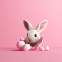 Easter bunny peeps out of the hole on pastel pink background. 3d rendering, Generative AI 