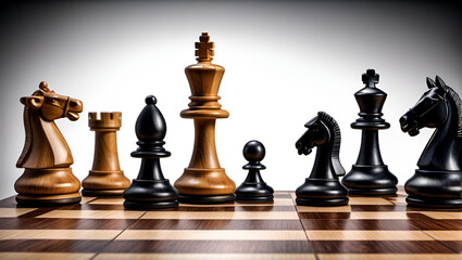 chess pieces on the board,
Chess game,
chess pieces once opposed now on the same side,
Wooden chess pieces on a chessboard,