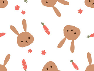 Seamless pattern with bunny rabbit cartoon, carrot and cute flower on white background vector.
