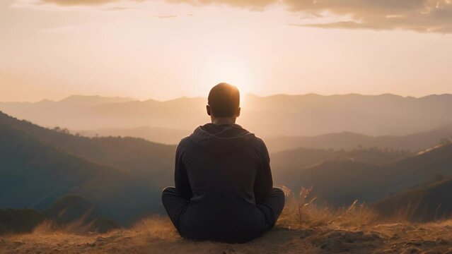 A black man sits atop a hill with his arms crossed and eyes closed. His thoughts travel beyond the horizon as he finds serenity amidst the chaos of the day.