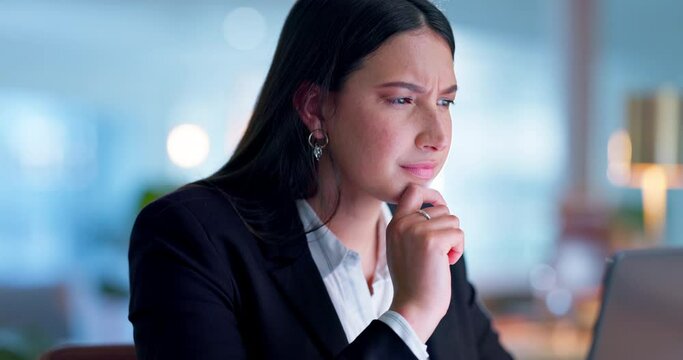 Business woman, thinking and ideas on computer in copywriting, social media research or planning at marketing agency. Professional editor or writer reading article and confused or problem solving