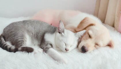 Dog and cat sleeping on a soft white blanket