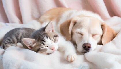 Dog and cat sleeping on a soft white blanket