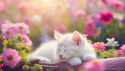 Kitten sleeping in a warm spring flower field