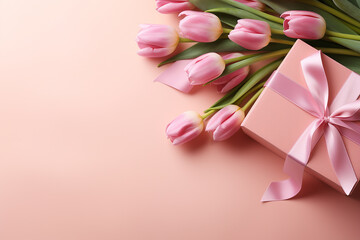 Generative AI Image of Gift Box with Tulip Flowers on Pink Background