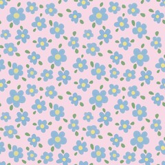 Fototapeta na wymiar Vintage floral background. Floral pattern with small blue flowers on a pink background. Seamless pattern for design and fashion prints. Ditsy style.