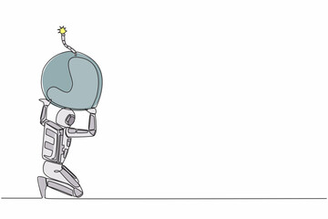 Single continuous line drawing astronaut carrying heavy bomb on his back. Spaceship company in debt explosion. Financial crisis problem. Cosmonaut deep space. One line draw design vector illustration