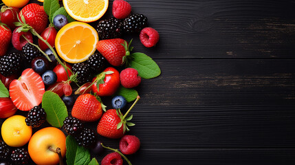 healthy food background with colorful fresh fruit on dark wooden background