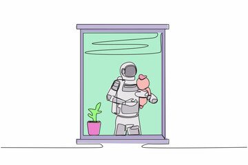 Single continuous line drawing young astronaut holding newborn baby alien near window in moon surface. Future technology development. Cosmonaut deep space. One line graphic design vector illustration