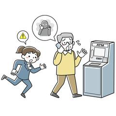 電話しながらATMに向かうシニア男性と駆け寄る銀行員