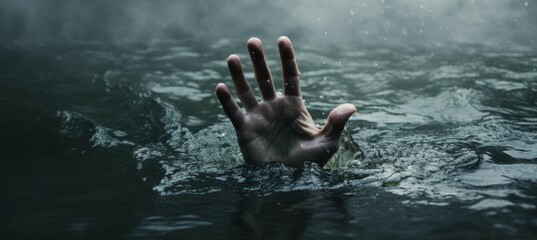  A person hand drowning. Concept of failure and struggle. Generative AI technology.