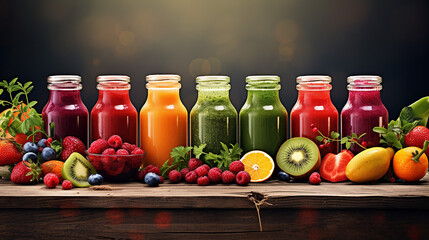 colorful fresh fruit and vegetable smoothies or juice in bottle - obrazy, fototapety, plakaty