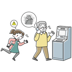 電話しながらATMに向かうシニア男性と駆け寄るコンビニ店員