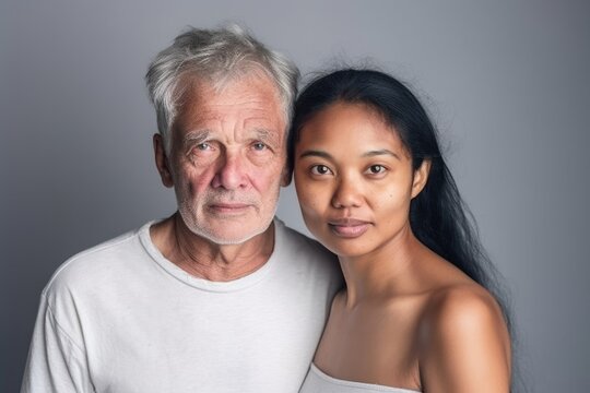 Smiling senior caucasian man posing with a young woman looking at the camera 