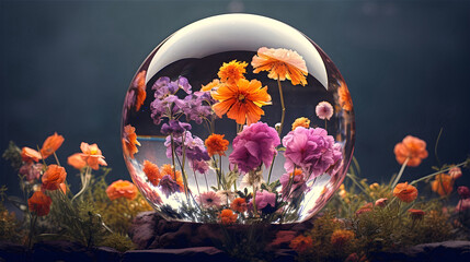 Fototapeta na wymiar A glass ball filled with flower in the spring day at meadow