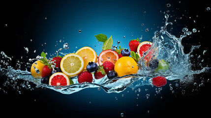 colorful fresh multi fruits splashing into blue clear water splashing