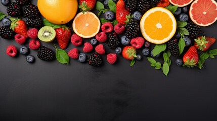 healthy mixed fruit and ingredients from top view on dark background
