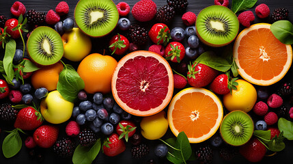healthy mixed fresh fruit and ingredients from top view