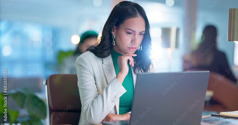 Poster Thinking, consultant and woman with a laptop, brainstorming and problem solving with opportunity, ideas and planning. Person, worker or employee with a pc, solution or feedback with network and email