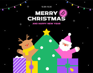 Merry Christmas, Happy New Year. Pile gift box, Cute Santa Claus, Rudolph. Web banner, Copy space, Poster, Flyer, Stylish vivid cover. Xmas colorful background. Trendy style vector flat illustration.