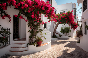 A town street with pink flowering plants and traditional white architecture