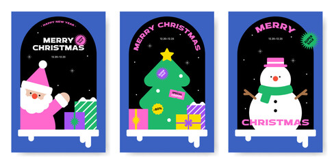 Merry Christmas, Happy New Year. Pile gift box, Cute Santa Claus, Tree, Snowman. Web banner, Copy space, Poster, Flyer, Stylish vivid color. Xmas colorful background. Trendy vector flat illustration.