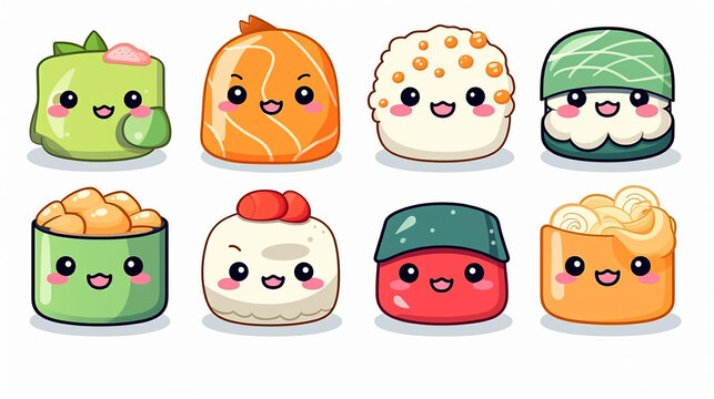 kawaii sushi rolls on cute funny with cartoon kawaii style