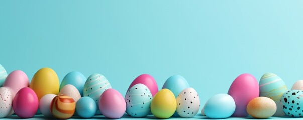 Colorful Easter eggs on pastel blue background. Creative design. 3d rendering, Generative AI 