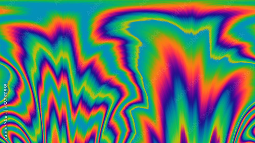 Poster vibrant and trippy backdrop adorned with neon-hued glitched patterns, enhanced by a captivating pola