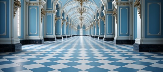 Royal palace corridor with arch column and blue diamond floor pattern. Generative AI technology.	
