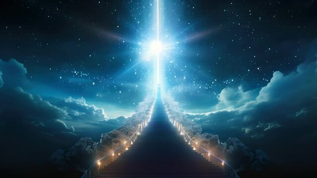 Concept photo of a staircase made of interwoven beams of light, leading up to an expanse of stars and galaxies. At the top, a magnificent cross shines with the promise of eternal life and