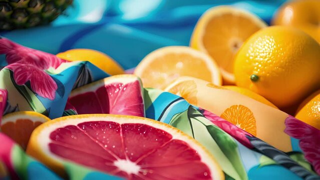 Macro shot of a beach towels playful pattern of tropical fruits, making it an irresistible choice for picnics on the beach or lazy days by the sea.