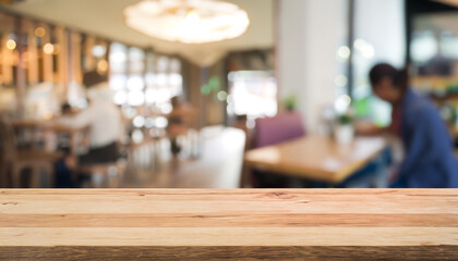 Wood table top with blurred people in cafe as background - can be used for montage or display your products