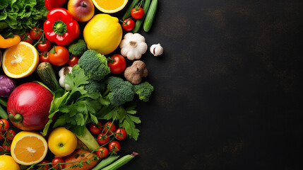 top view different fruits and vegetables fresh fruit with dark background
