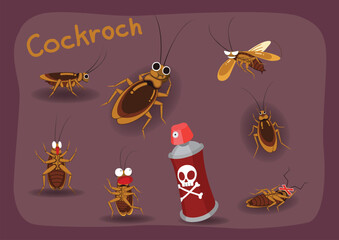 Cartoon American cockroaches in various postures and emotions, including walking, flying, eating, running away, dying, and climbing.