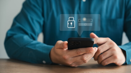 Cyber ​​security and data protection, businessman using smartphone internet network security, protect business and financial transaction data from cyber attack, user private data security encryption.