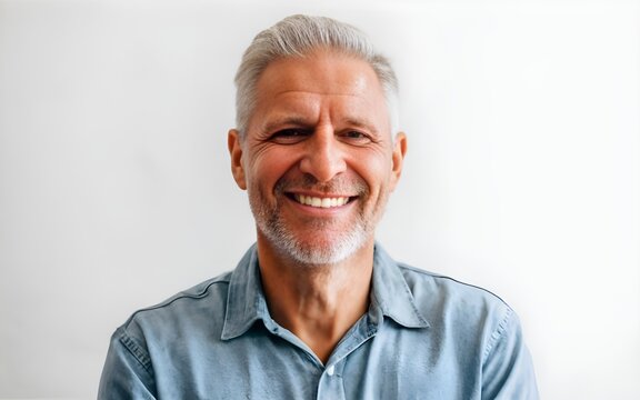 Close up photo portrait of a beautiful middle aged man smiling with clean teeth, detailed features,  in casual, older man, mature man, white background,