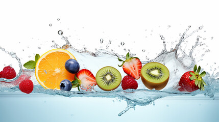 fresh multi fruits and splashing into blue clear water background