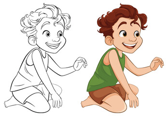 Smiling Cartoon Boy Sitting with Outline for Coloring Pages