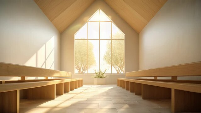 Concept photo of a peaceful chapel, with soft natural light filtering through large windows, creating a serene atmosphere for personal reflection and prayer.