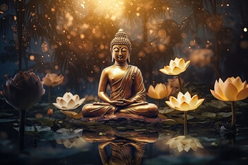 glowing golden buddha meditating on a lotus - obrazy, fototapety, plakaty